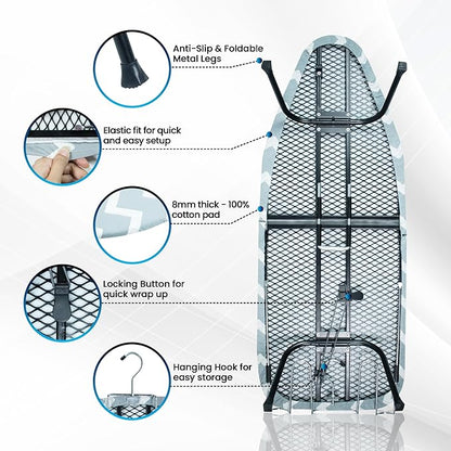 Metal Mesh Panel Tabletop Ironing Board | Foldable Iron Board | Heavy Duty Small Iron Board with Heat Resistant Cover and 100% Cotton 8mm Thicken Pad (Elegant Wave)