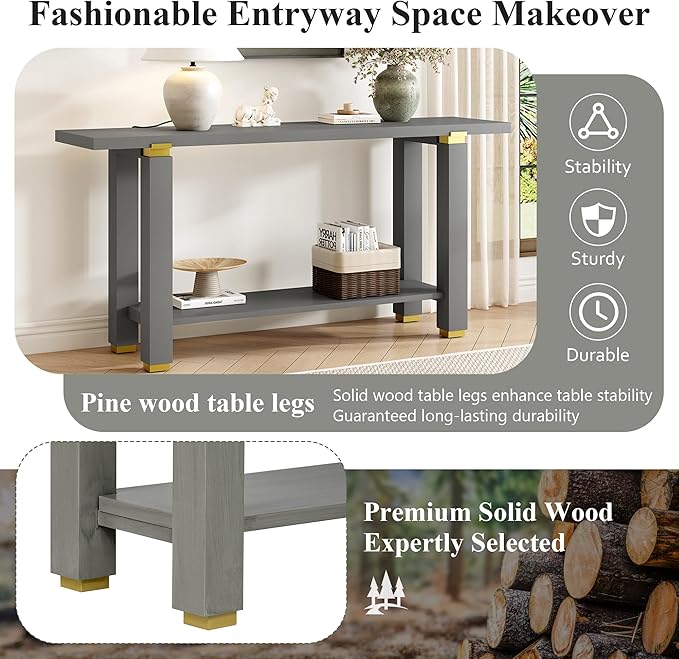 62.9" Modern Minimalist Console Table, Solid Wood Entryway Sofa Table with Metal Accents, 2-Tier with Open Shelf and Built-in Shelf for Living Room, Hallway (Gray-J22)