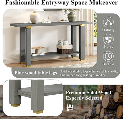 62.9" Modern Minimalist Console Table, Solid Wood Entryway Sofa Table with Metal Accents, 2-Tier with Open Shelf and Built-in Shelf for Living Room, Hallway (Gray-J22)