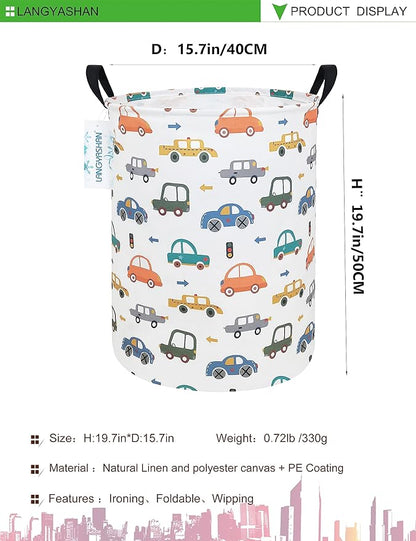 LANGYASHAN Laundry Basket Canvas Fabric Collapsible Organizer Basket for Storage Bin Toy Bins Gift Baskets Bedroom Clothes Children Nursery Hamper (Round Color Cars)