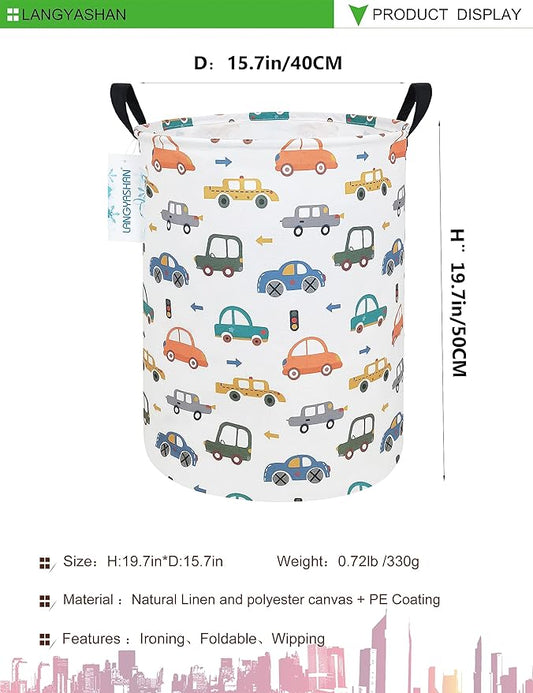 LANGYASHAN Laundry Basket Canvas Fabric Collapsible Organizer Basket for Storage Bin Toy Bins Gift Baskets Bedroom Clothes Children Nursery Hamper (Round Color Cars)