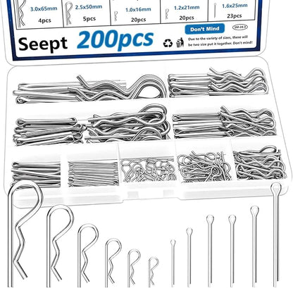 200Pcs 304 Stainless Steel Cotter Pins Assortment Kit - Hitch Pin Clips for Locking Systems | Ideal for Farm Tools, Tractor Implements, and Accessories
