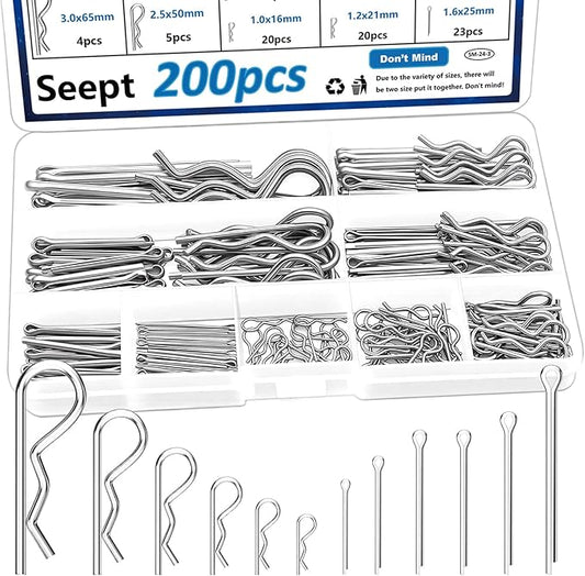 200Pcs 304 Stainless Steel Cotter Pins Assortment Kit - Hitch Pin Clips for Locking Systems | Ideal for Farm Tools, Tractor Implements, and Accessories
