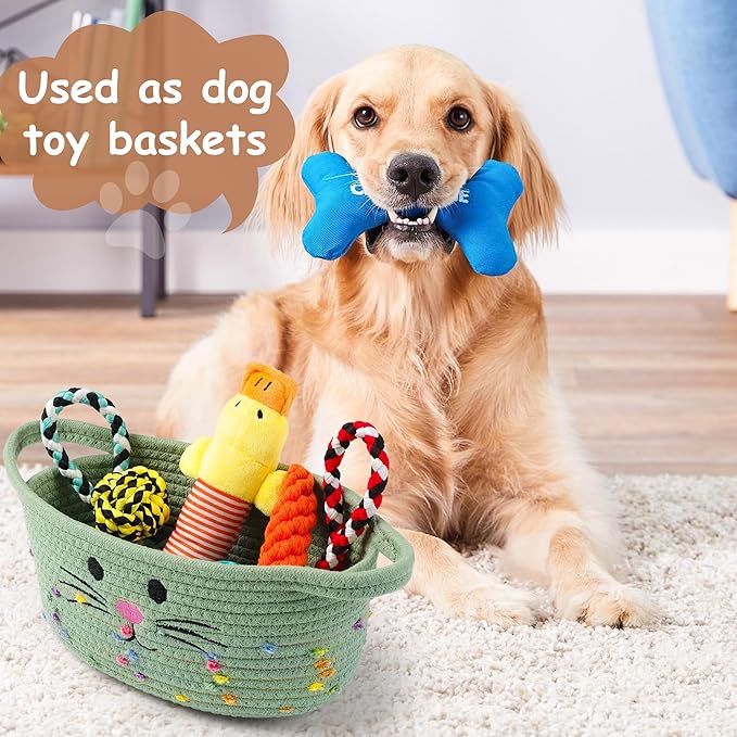 Small Woven Baskets for Organizing Rope with Handle Cute Cotton Basket for Nursery Gift Dog Cat Toy Storage Basket for Toy Organizer-Green