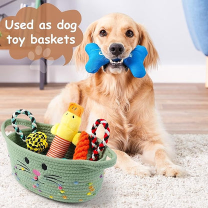 Small Woven Baskets for Organizing Rope with Handle Cute Cotton Basket for Nursery Gift Dog Cat Toy Storage Basket for Toy Organizer-Green