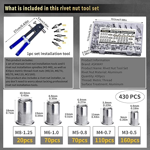Pressure Rivet Nut Tool Kit Aluminum, 430Pcs Metric Rivet Nut Combination (M8/M6/M5/M4/M3), Suitable for Furniture, Decoration, Automotive, Marine and Industrial Applications