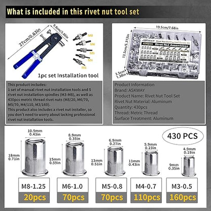 Pressure Rivet Nut Tool Kit Aluminum, 430Pcs Metric Rivet Nut Combination (M8/M6/M5/M4/M3), Suitable for Furniture, Decoration, Automotive, Marine and Industrial Applications