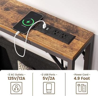 47.2'' Skinny Console Table with Power Outlet, 5.91" Behind Couch Table with Charging Station, Long Sofa Table, Narrow Entryway Table for Living Room, Foyer, Hallway, Rustic Brown