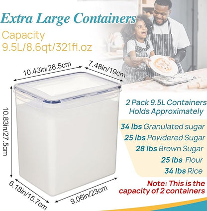 Vtopmart 9.5L 2 Pack Extra Large Flour Sugar Storage Containers for 25lbs flour, Airtight Kitchen Pantry Organization Canisters with Lids for Bulk food, Rice, Baking Supplies, BPA Free, Black