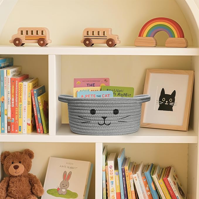 9.8" x 4" Small Cat Toy Basket - Gift Baskets Empty for Baby Shower Baby Baskets for Nursery Cute Woven Rope Storage Basket for Home Decor, Cat Pet toy box, Grey Easter basket