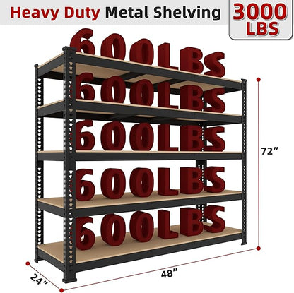 6 Packs 48" W x 24" D x 72" H Adjustable Garage Storage Shelves - 5-Shelf Heavy Duty Shelving Unit, Metal Utility Storage Organizer Racks for Warehouse Pantry Closet Kitchen, Black