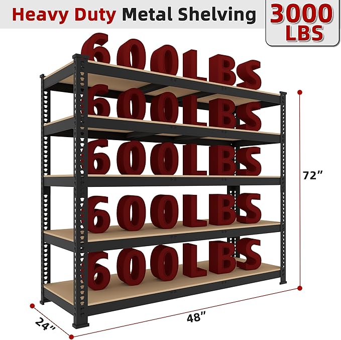 2 Packs 48" W x 24" D x 72" H Adjustable Garage Storage Shelves - 5-Shelf Heavy Duty Shelving Unit, Metal Utility Storage Organizer Racks for Warehouse Pantry Closet Kitchen, Black