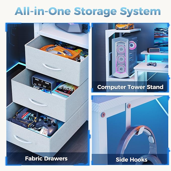 DUMOS L Shaped Gaming Desk with Shelves Storage Drawers 59'', White Computer Desks with LED Lights Power Outlets, Office Wood Table with PC Stand Cable Management for Bedroom Dual Monitor Streaming
