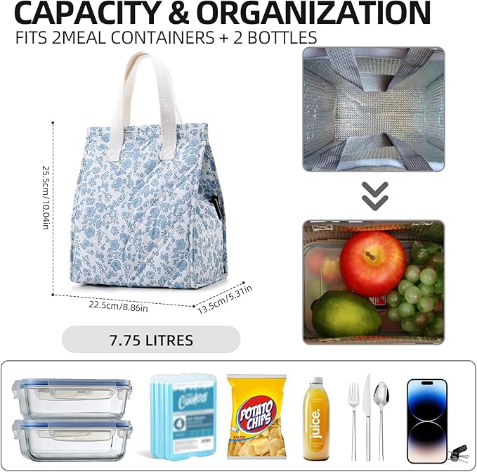 TELLUMO Lunch bag, Insulated Lunch Bag for Women Men Large Lunch Box Container Reusable Leakproof Tote for Office, Work, School, Beach or Travel (Q- BlueFlower)
