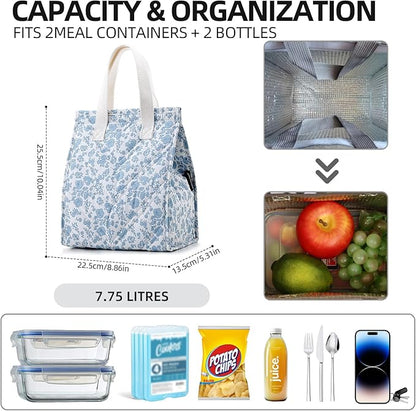 TELLUMO Lunch bag, Insulated Lunch Bag for Women Men Large Lunch Box Container Reusable Leakproof Tote for Office, Work, School, Beach or Travel (Q- BlueFlower)