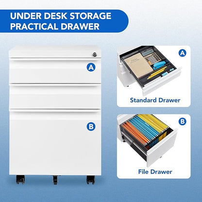 FLEXISPOT 3 Drawer Mobile File Cabinet for Home Office Under Desk Storage, Filing Cabinet with Lock Keys, File Organizer Cabinet for Legal/Letter/A4 File, White