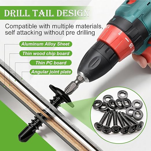 mxuteuk 420PCS #8×3/4" Self Tapping Screws,410 Stainless Steel Self Drilling Screws,Phillips Modified Truss Head Self Tapping Screw for Metal,Plastic,Wood(210pcs Black Screw+210pcs Washer)