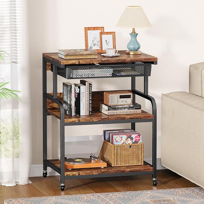 EasyCom 23.6''x18.9'' Extra Large Printer Stand with Drawer, 5-Adjustable Heights 3 Tier Table with Wheels, Rolling Printer Cart with Storage for Printer Scanner Fax Home Office Use
