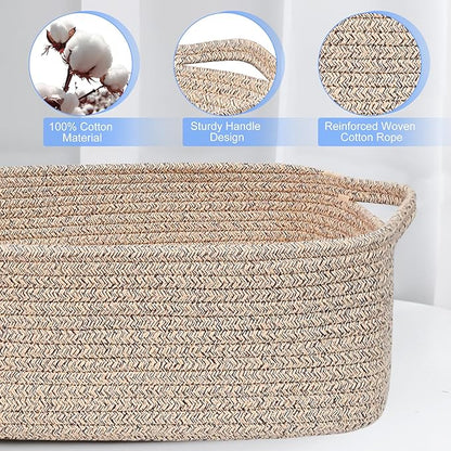 ABenkle Small Storage Basket with Handles, Cotton Rope Woven Dog Cat Toy Bin, Decorative Shelves Closet Organizing for Nursery Laundry Bedroom Bathroom, 14.2''x 11''x 5.1''