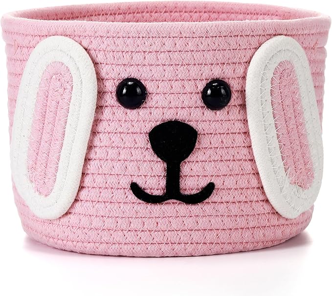 Zopeal Dog Woven Basket, 7.9" D x 6" H Cotton Rope Toy Storage Organizer, Dog Mom Gift Empty, Cute Laundry Puppy Gift Animal Basket for Clothes, Towels, Toy, Laundry, Bathroom, Home(Pink,White)