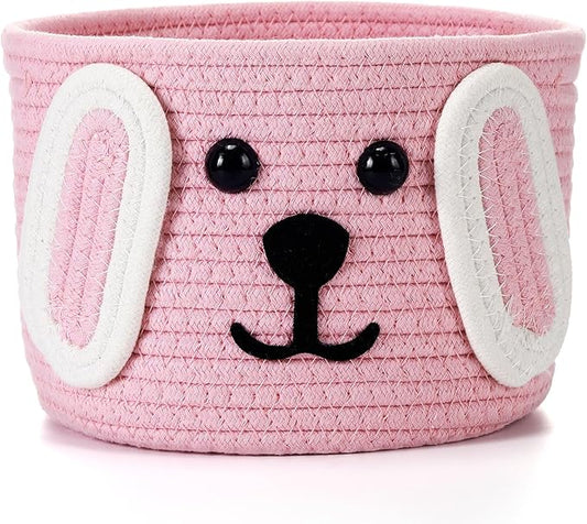 Zopeal Dog Woven Basket, 7.9" D x 6" H Cotton Rope Toy Storage Organizer, Dog Mom Gift Empty, Cute Laundry Puppy Gift Animal Basket for Clothes, Towels, Toy, Laundry, Bathroom, Home(Pink,White)