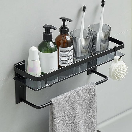 VOLPONE Glass Shelf for Bathroom 15.7 in Black Bathroom Shelves Wall Mounted Tempered Glass Shelving with 2 Removable Hooks (1 Tier)