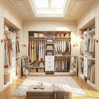 8FT Closet System with 3 Curved Drawers, 96'' Wooden Walk-in Closet Organizer with 3 Top Shelves, Adjustable Organizer System with 3 Hanging Rods, Built-in Wardrobe Storage Rack for 4-8 ft, White