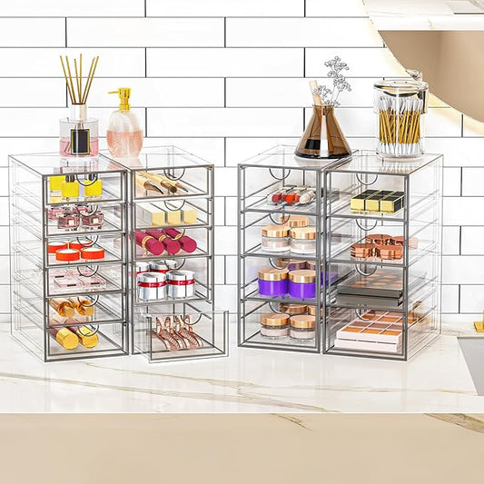 Acrylic Makeup Organizer with 19 Drawers, 4 Pack Clear Storage Drawers, Bathroom Makeup Organizer for Palettes, Cosmetic, and Beauty Supplies,Ideal for Vanity, Cabinet,Desk Organization