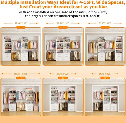 Closet System with 6 Drawers, 6FT-15FT Wooden Closet Organizer System with 8 Expandable Hanging Rods and Shelves, Closet Shelving System for Walk in Closet for Bedroom,Wall Mount, White 2 Sets