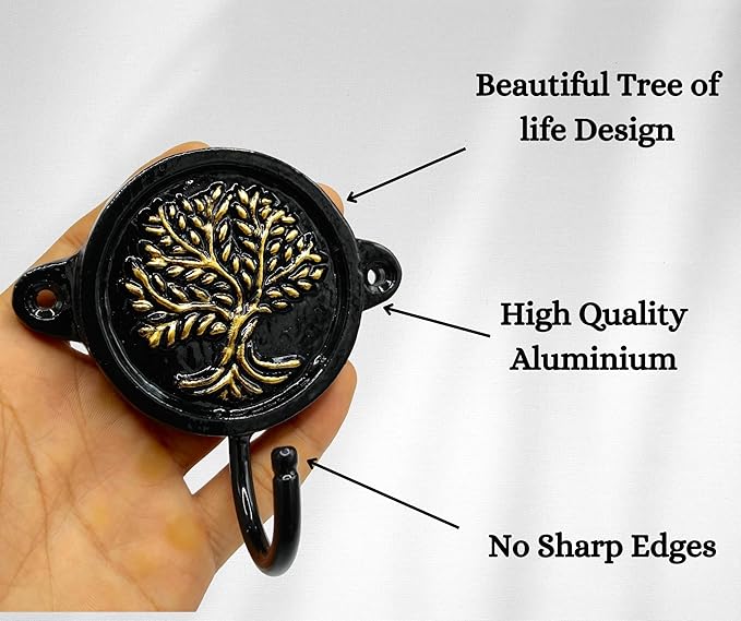 Aluminium Tree of Life Print (1-Pack) Single Wall Hooks, Black Tree of Life Themed Hooks for Hanging Leash-Wall Mount Hanger, Organization Decorative Wall Hook (Tree of Life)