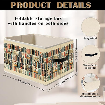 Vintage Book Lovers Storage Bin Box with Handles, Retro Bookish Foldable Organizer Basket Toybox for Reading Corner Room Library Bedroom Bathroom Home Clothes Toys Books
