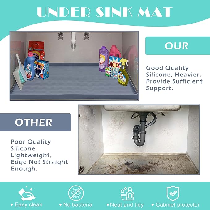 URMONA Waterproof Silicone Under Sink Mat 31'' x 22'' Shelf Liner for Kitchen and Bathroom, Cabinet and Counter Protector, Storage and Organizers, Litter Mat, Pet Cat Puppy Essentials(Black)