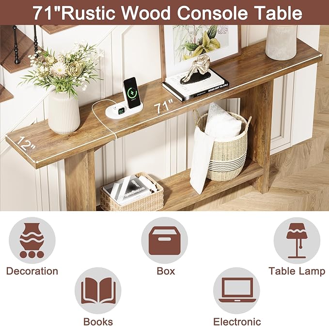 71" Console Table with Charging Station, Farmhouse Entryway Table, Entryway Table with Storage for Living Room or Foyer, Sofa Table for Hallway with Anti-Tip, Easy Assembly, Brown