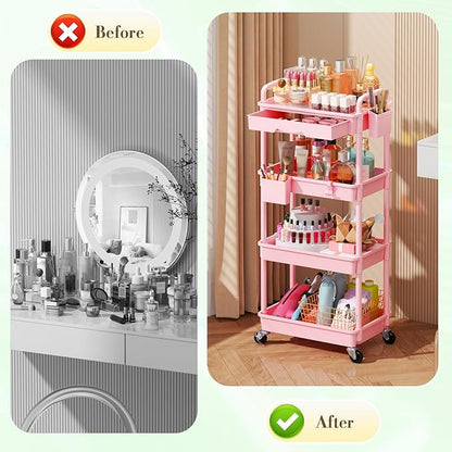 Makeup Cart Organizer with Drawers, 4 Tier Floor Skincare Organizers for Vanity, Rolling Makeup Bathroom Storage Cart Cosmetics Display Cases for Skin Care Perfume Nail Polish, Pink