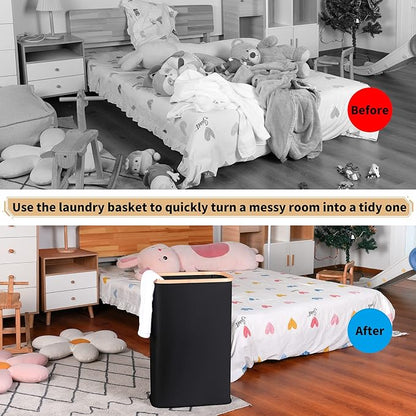 60L Slim Laundry Hamper, Narrow Laundry Basket with Lid,Foldable Clothes Hamper with Bamboo Handles,Hamper Basket with Removable Inner Bag for Laundry Room Bedroom College Dorm,Black