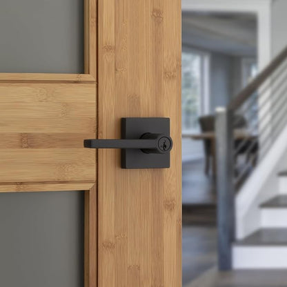Kwikset Halifax Entry Door Handle with Lock and Key, Secure Keyed Reversible Lever Exterior, for Front Entrance and Bedrooms, Matte Black, 4 Pack, Pick Resistant SmartKey Rekey Security and Microban