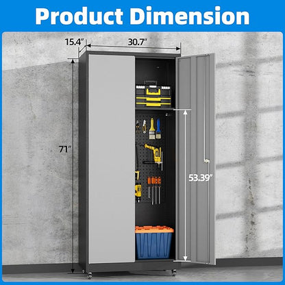 Garage Storage Cabinet with 4 Wheels,Lockable Tool Cabinets with Pegboard and 4 Adjustable Shelves,71" H Broom Closet Cabinets for Utility Room,Workshop
