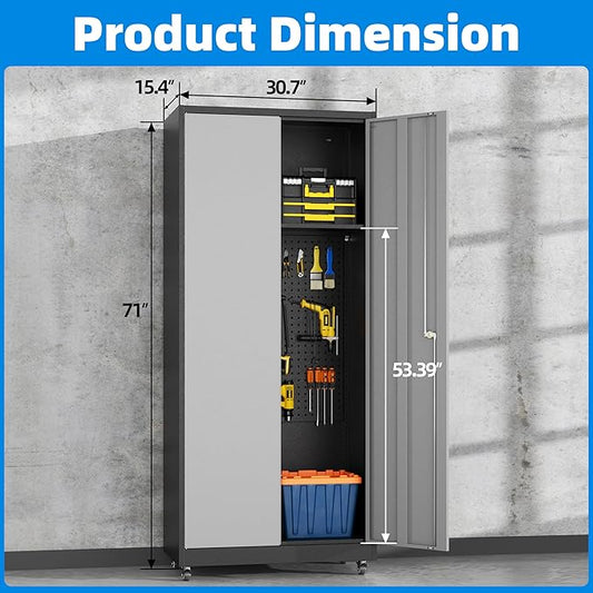 Garage Storage Cabinet with 4 Wheels,Lockable Tool Cabinets with Pegboard and 4 Adjustable Shelves,71" H Broom Closet Cabinets for Utility Room,Workshop