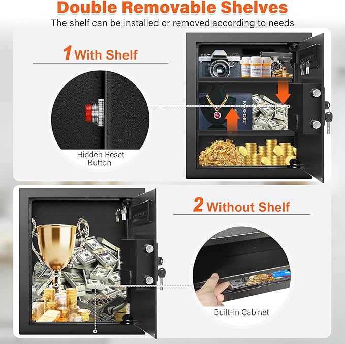 17.7" Tall Wall Safes Between the Studs 16" Centers, Hidden Wall Safe with 2 Removable Shelf & Hidden Tray, In Wall Mount Safe for Money, Jewelry, Passport, Valuables
