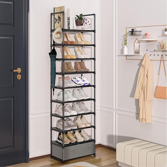 OYREL Tall Shoe Rack Narrow 10 Tier Shoes Rack 20 25 Pairs, Shoe Storage Organizer for Closet, Sturdy Metal Shoe Shelf Shoe Stand with 2 Boxes 1 Hook
