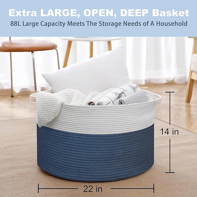 Extra Large Rope Basket, XXXL Woven Wicker Storage Basket, Kids Room Toy Storage Organizer and Storage, Dog Toy Stuffed Animal Basket Bins, Kids Room Playroom Organization(22" x 22" x 14")