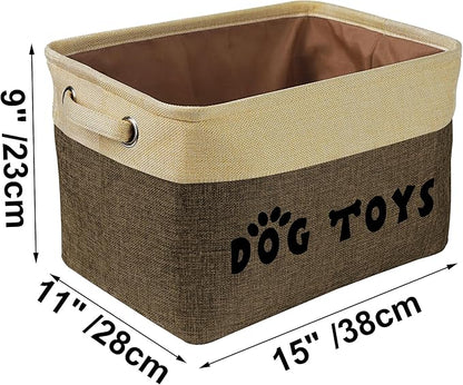 PET ARTIST Dog Toy Basket, Collapsible Dog Toy Bin Box with Comfortable Handles, Large Pet Toy Storage Organizer for Accessories, Toys, Coat & Clothing, Blanket & Leash, Brown, 15"x11"x9"
