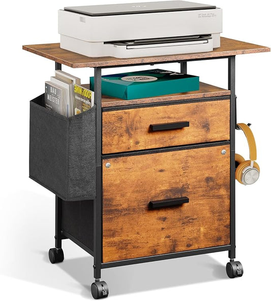File Cabinet Printer Stand, Fabric Mobile Filing Cabinet with 2 Storage Drawers, for Hanging A4, Letter Size File Folders, Open Shelf with Storage Bag and Hooks Home Office, Rustic Brown