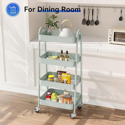 OLIXIS 4 Tier Utility Rolling Cart, Metal Mobile Storage Shelf with Lockable Caster Wheels, Organization for Livingroom, Bathroom, Kitchen, & Narrow Places, 4-Tier Green