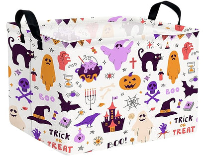 Large Halloween Themed Candy Gift Boo Basket for Kids Baby Personalized Adults Storage Bin Fall Decor(Purple Skull Castle Cat Spooky)