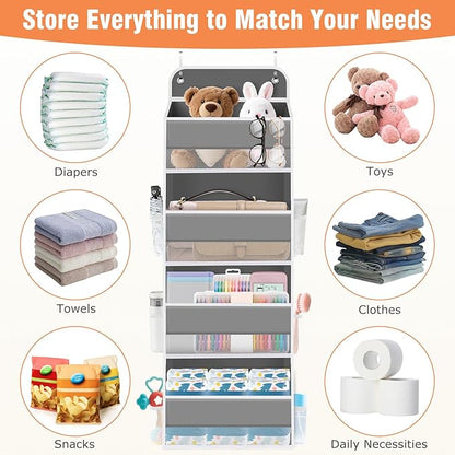WISELIFE Over the Door Organizer - 4 Shelves Large Capacity Hanging Bedroom Storage Solution with 6 Side Pockets for Dorm Bathroom Pantry Nursery and Baby Essentials Holds up to 40 lbs (Grey)