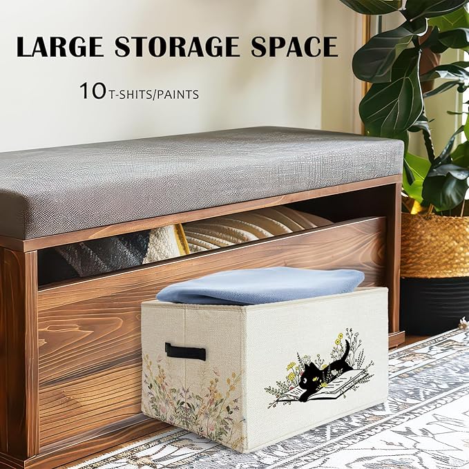 Black Cat Floral Storage BasketBins With Handles for Girls Kids, Floral Cat Foldable Organizer Basket Toybox for Girls Room Nursery Bedroom Bathroom Clothes Toys Books