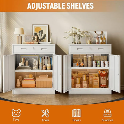 BESFUR Metal Garage Storage Cabinet with One Lockable Drawer 2 Locking Doors and an Adjustable Shelf, 36" White Metal Short Storage Cabinet for Home Office, Garage,School,Utility Room