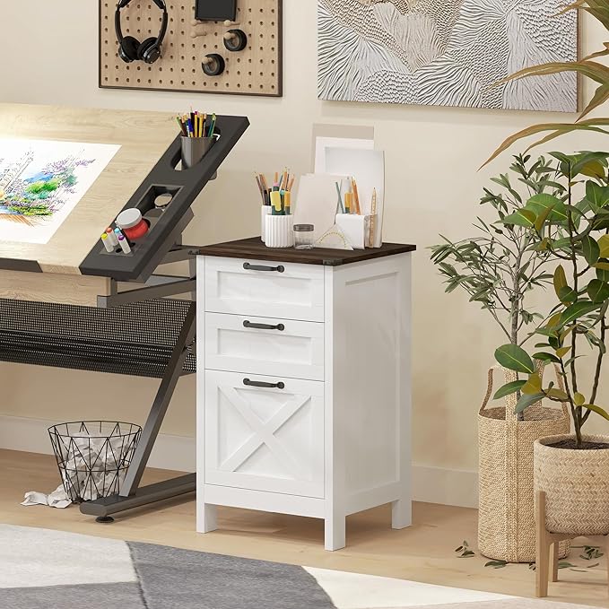 HOMCOM 3 Drawer File Cabinet with Silent Slides, Vertical Filing Cabinet for Hanging A4/Letter Size, Rustic Farmhouse Printer Stand with Storage for Home Office, Distressed White
