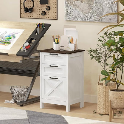 HOMCOM 3 Drawer File Cabinet with Silent Slides, Vertical Filing Cabinet for Hanging A4/Letter Size, Rustic Farmhouse Printer Stand with Storage for Home Office, Distressed White